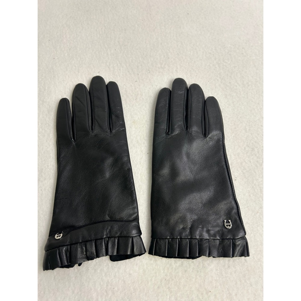 Luxury Etienne Aigner Womens Medium Black Ruffle Trim Cashmere Leather Gloves